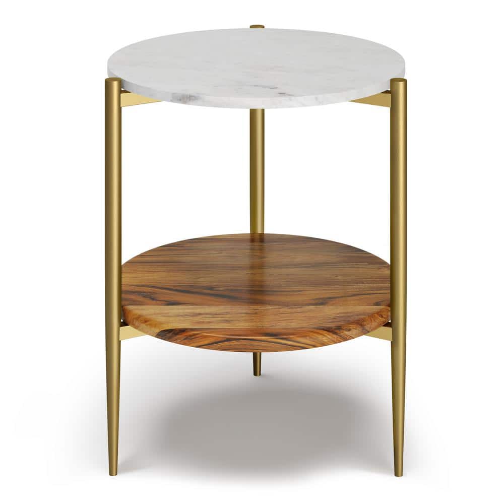 Wagner 18" Round White Marble and Acacia Wood Side Table