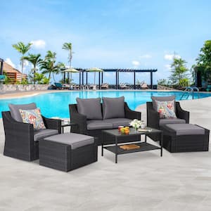 Black 8-Piece Wicker Outdoor Sectional Set with Gray Cushions and Glass Table