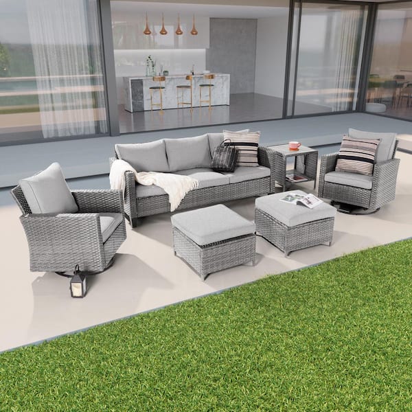 Sonkuki 6-Piece Patio Conversation Set Gray Wicker with Swivel Rocking Chair and Side Table, Linen Grey