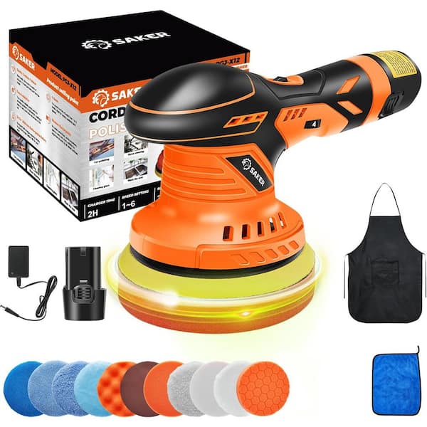 Saker Mini Cordless Buffer Polisher - 6  in. Portable Polishing Machine Kit for Car Detailing(Orange, 1 Battery)
