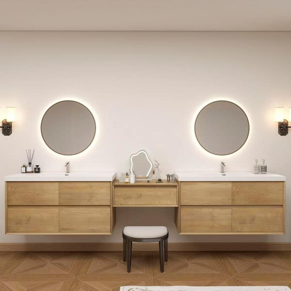 Kingdee 123 in. W x 20 in. D x 26 in. H Double Sink Middle Table Counter Bath Vanity in Teak Oak with White Acrylic Top