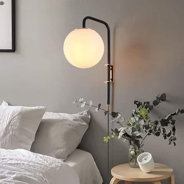 5.9 in. 1 Light Plug in LED Wall Sconces with Clear Globe Glass Shade, Black Gold Metal Base Wall Lamp