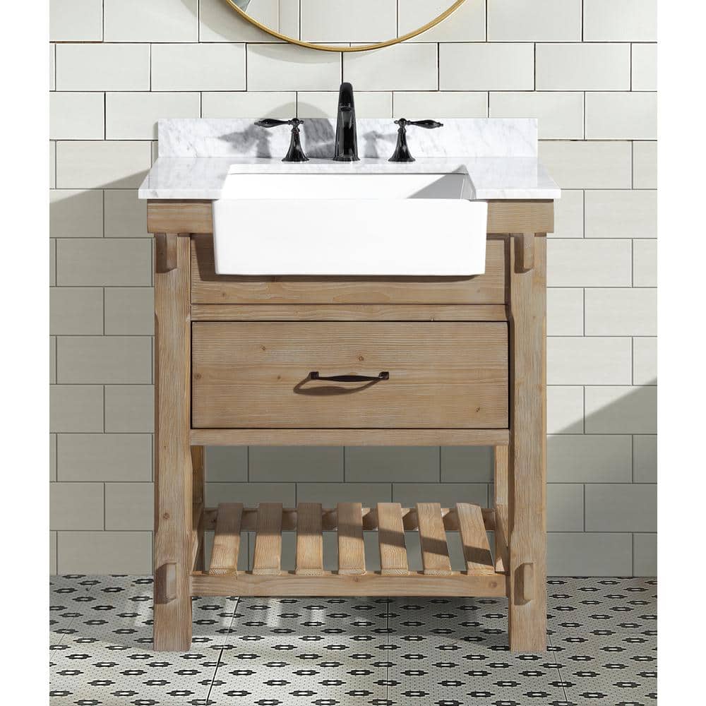 Marina Weathered Fir and Carrara Marble Farmhouse Bathroom Vanity