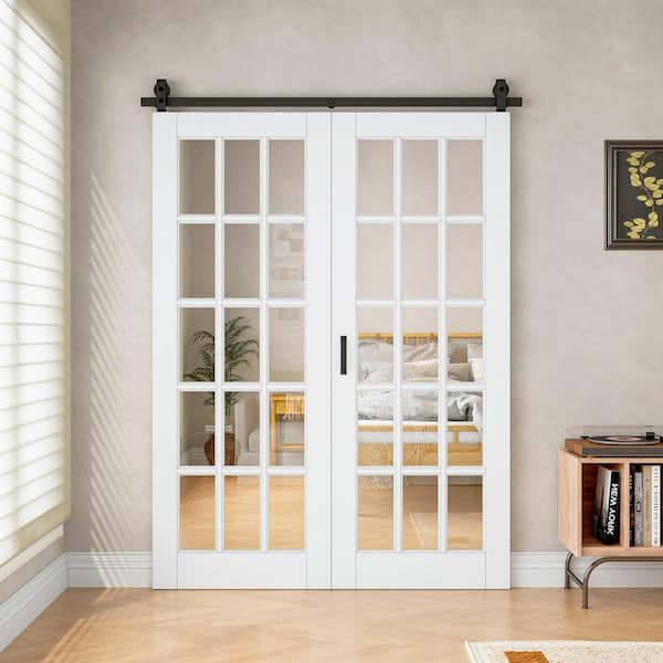60 in. x 80 in. 15-Lite Tempered Clear Glass White Primed MDF Bifold Sliding Barn Door with Hardware Kit