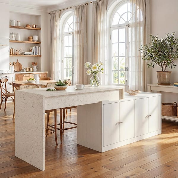 White Terrazzo-Look Wood Top 112.6 in. Kitchen Island with Expandable Prep Surface, Open Storage, Space-Saving Upgrade
