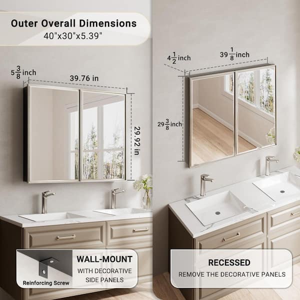 Musey 40 in W x 30 in H Brush Nickel Rectangular Aluminum Medicine Cabinet with Beveled Mirror, Recessed or Surface