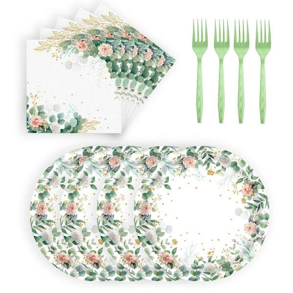 Floral Paper Plates and Napkins Party Supplies, 72 Pieces, Sage Green Disposable Tableware Set with Forks, Serves 24
