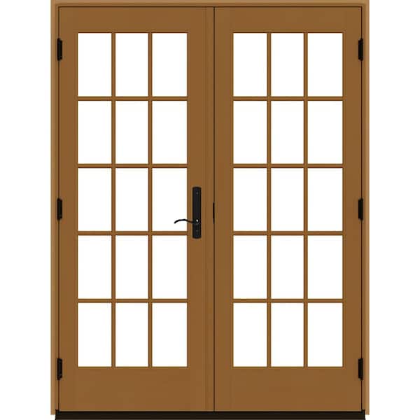 JELD-WEN W5500 60 x 80 Left-Hand/Inswing Low-E Chestnut Bronze Clad Wood Double Prehung Patio Door with Fruitwood Interior