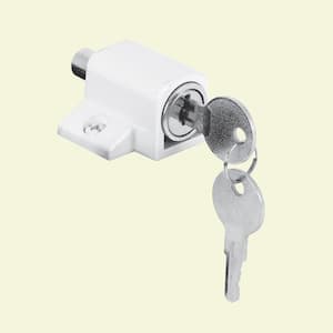 Push-In Sliding Door Keyed Lock, 1 in., Diecast and Steel Components, White Painted Finish