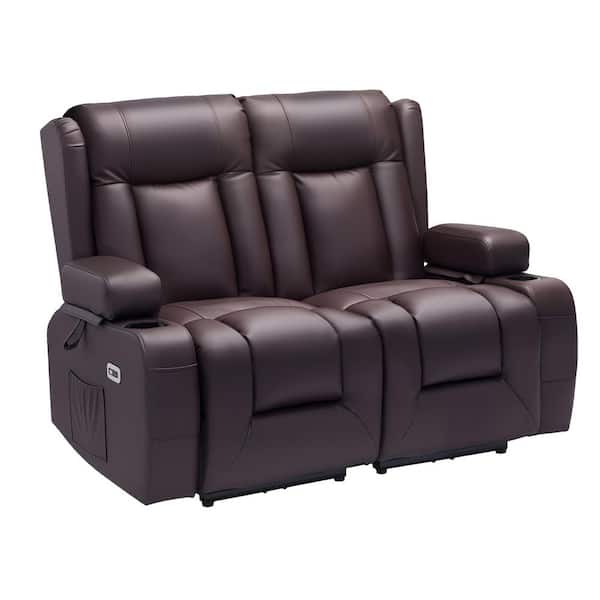 Loveseat Recliner Sofa, Power Reclining Couch with Heating Massage Timer, PU Leather Electric Recliner Sofa Metal Brown