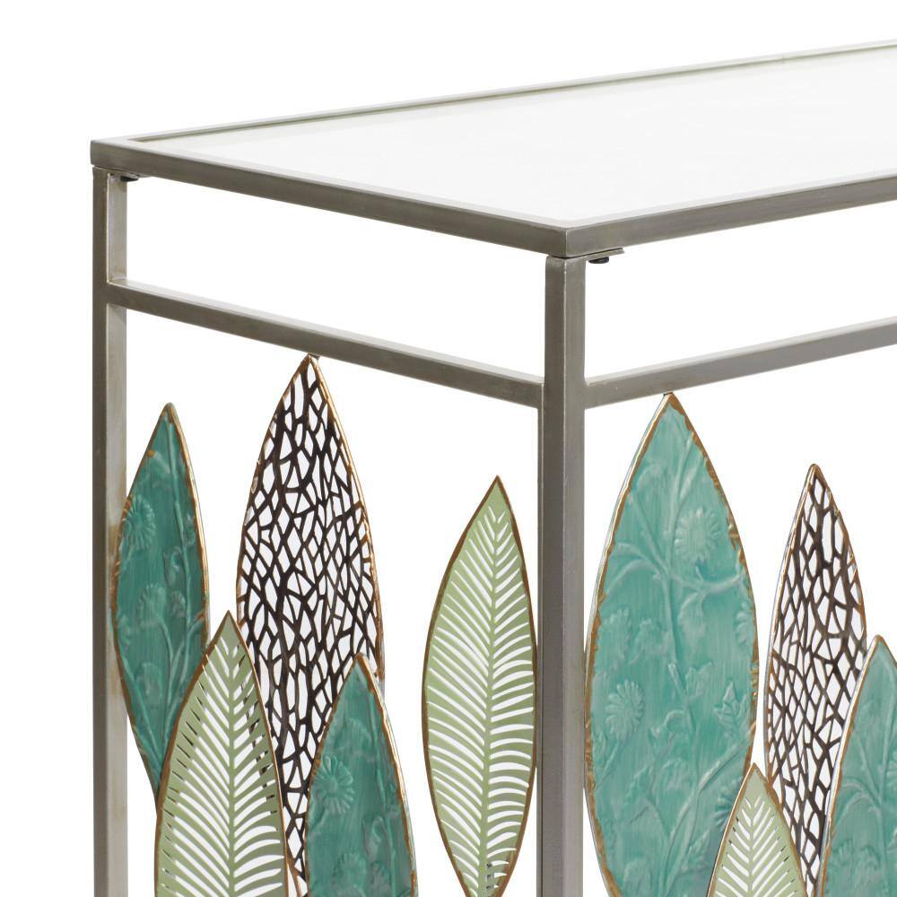 Silver Metal and Glass Console Table with Leaf Design