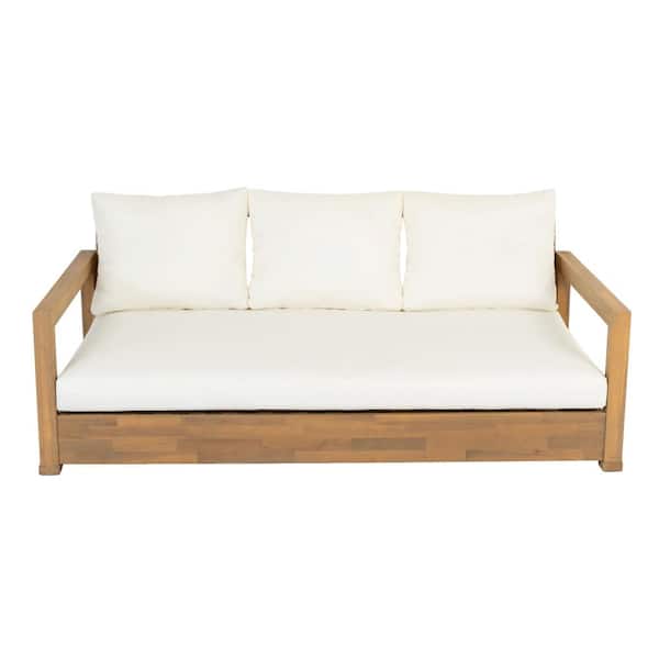 Patio Acacia Wood 3-seater Sofa with Soft Beige Cushion, Outdoor Low Seating Daybed for Poolside,Backyard