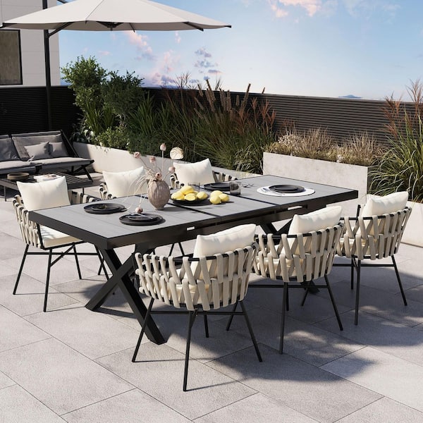 Unbranded 7-Piece Metal Outdoor Dining Set, Including 6 Chairs with Beige Cushions and a Table that Extends from 62.9 to 82.6 In