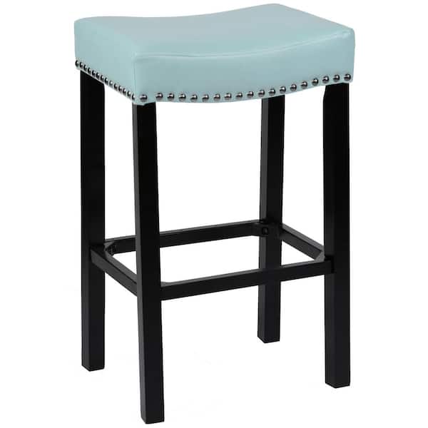 Armen Living Tudor 26 in. Sky Blue Bonded Leather with Chrome Nailhead Accents Backless Stationary Bar Stool