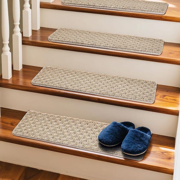 Mini Diamond Trellis Cream Grey 8 in. x 30 in. Carpet Stair Tread Cover Protector Low Pile Mat Rug Tape Free Set of 12