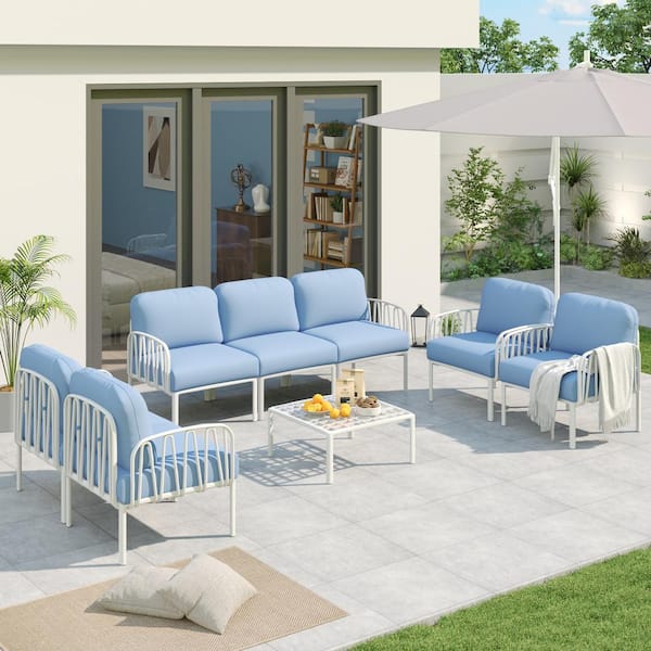 Poteban Blue Resin Plastic Material 7-Person DIY Patio Conversation Set with Cushion