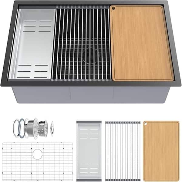 33 Inch Single Bowl Drop-In Stainless Steel Integrated Ledge Multifunctional Workstation Sink Set in Black