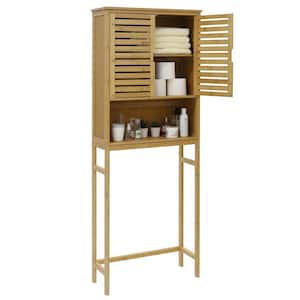 Yellow Bamboo Bathroom Over-the-Toilet Storage with Removable Shelf and Doors 23.5 in. W x 66.9 in. H x 9.2 in. D