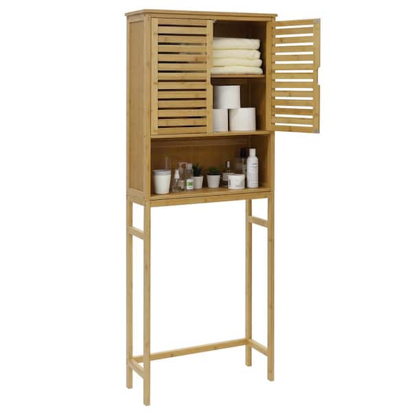 VEIKOUS Yellow Bamboo Bathroom Over-the-Toilet Storage with Removable Shelf and Doors 23.5 in. W x 66.9 in. H x 9.2 in. D