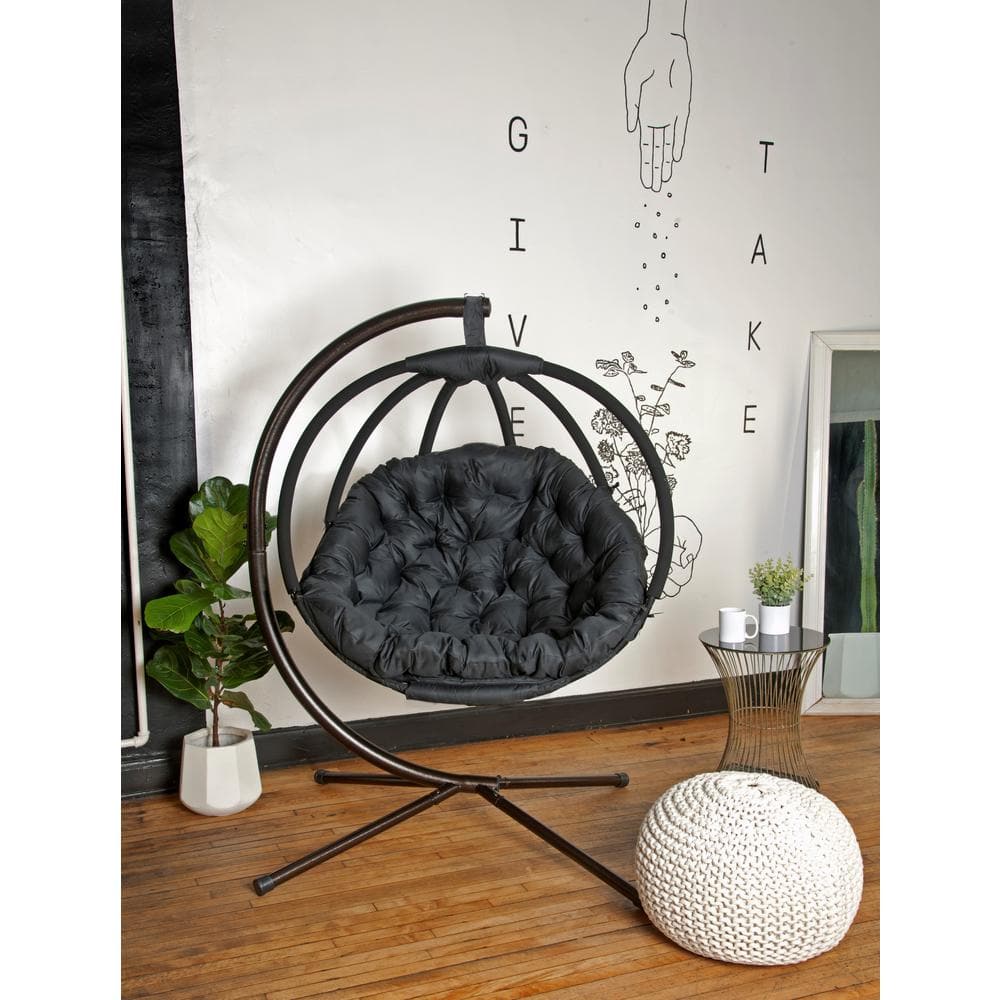Black Steel Hanging Ball Chair with Plush Cushions