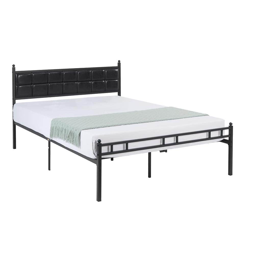 Bed Frame with PU Upholstered Headboard, Queen Black Metal Frame Platform Bed, No Boxing Spring Needed