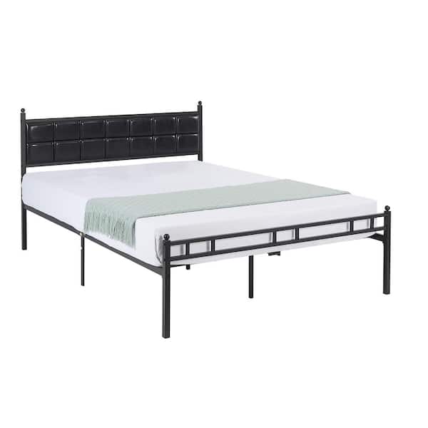 VECELO Bed Frame with PU Upholstered Headboard, Queen Black Metal Frame Platform Bed, No Boxing Spring Needed