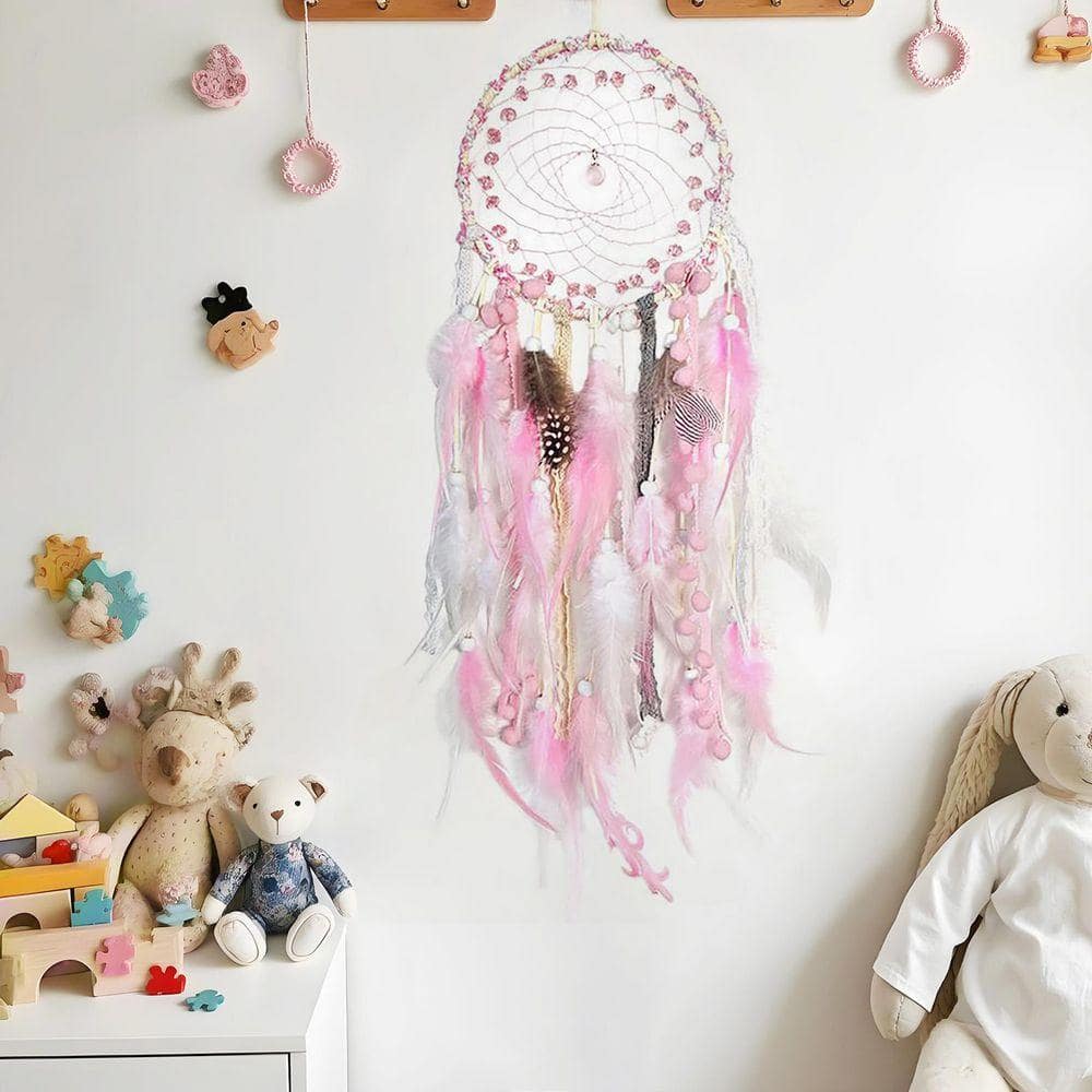 20 in. x 6.3 in. Pink Feather Dream Catcher-Handmade Wall Hanging