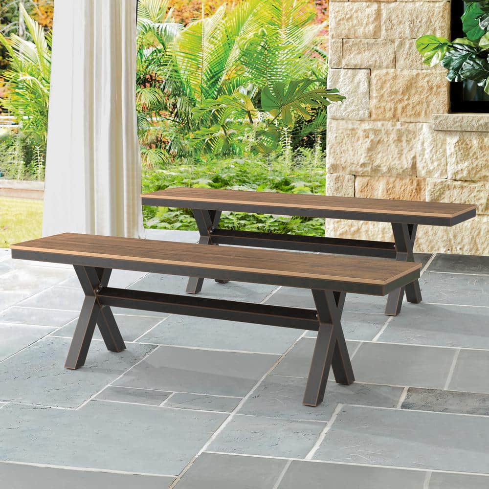 LUE BONA Domi 59in. Aluminium Frame XLeg Brown Outdoor Bench with Plastic Top Patio Dining