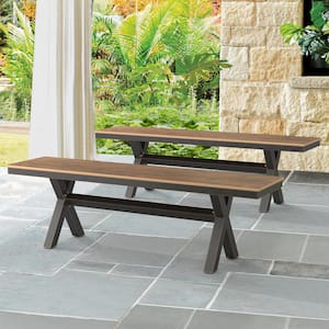 Domi 59in. Aluminium Frame X-Leg Brown Outdoor Bench with Plastic Top Patio Dining Benches for Table（Set of 2）