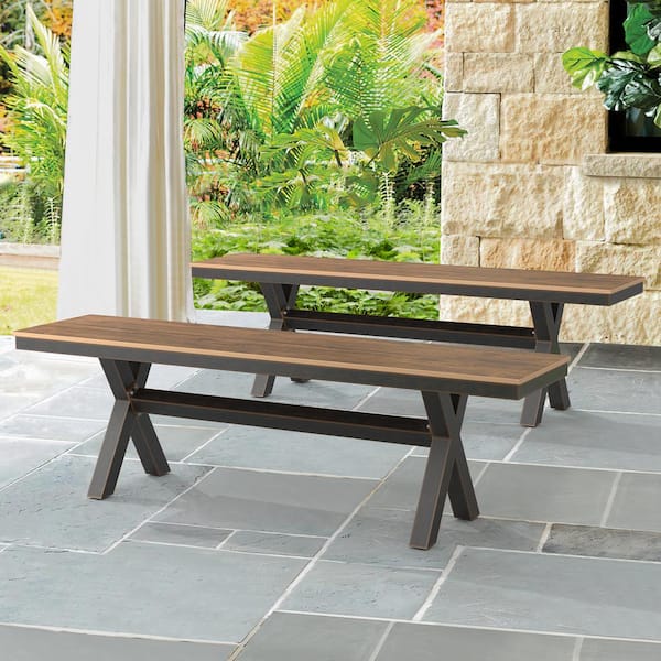 LUE BONA Domi 59in. Aluminium Frame X-Leg Brown Outdoor Bench with Plastic Top Patio Dining Benches for Table（Set of 2）