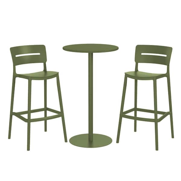 Frond&Form 3-Piece Outdoor Patio All Weather Bar Height Dining Set w/ Round Table and Bistro Chairs, Olive Green