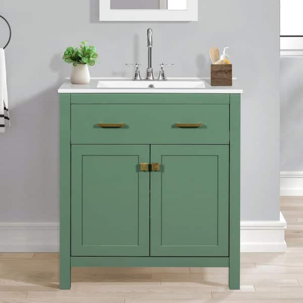 30 in. Single Sink Green Bath Vanity with White Ceramic Top, Adjustable Shelves, Soft Close Door, Unassembled
