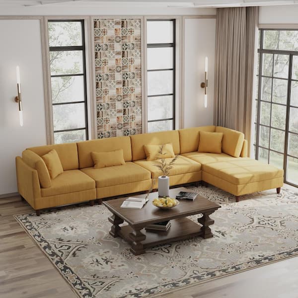 120.5 in. Straight Arm 5-Piece Corduroy Upholstered Modular Free Combination Sectional Sofa in. Orange with Ottoman