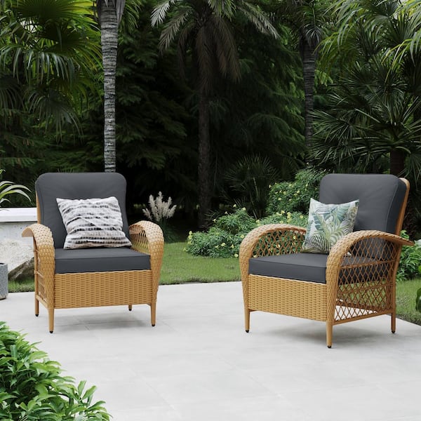 UPHA 2 Pieces Outdoor Beige Wicker Patio Conversation Sofa Seating Set with Cushions in Dark Gray