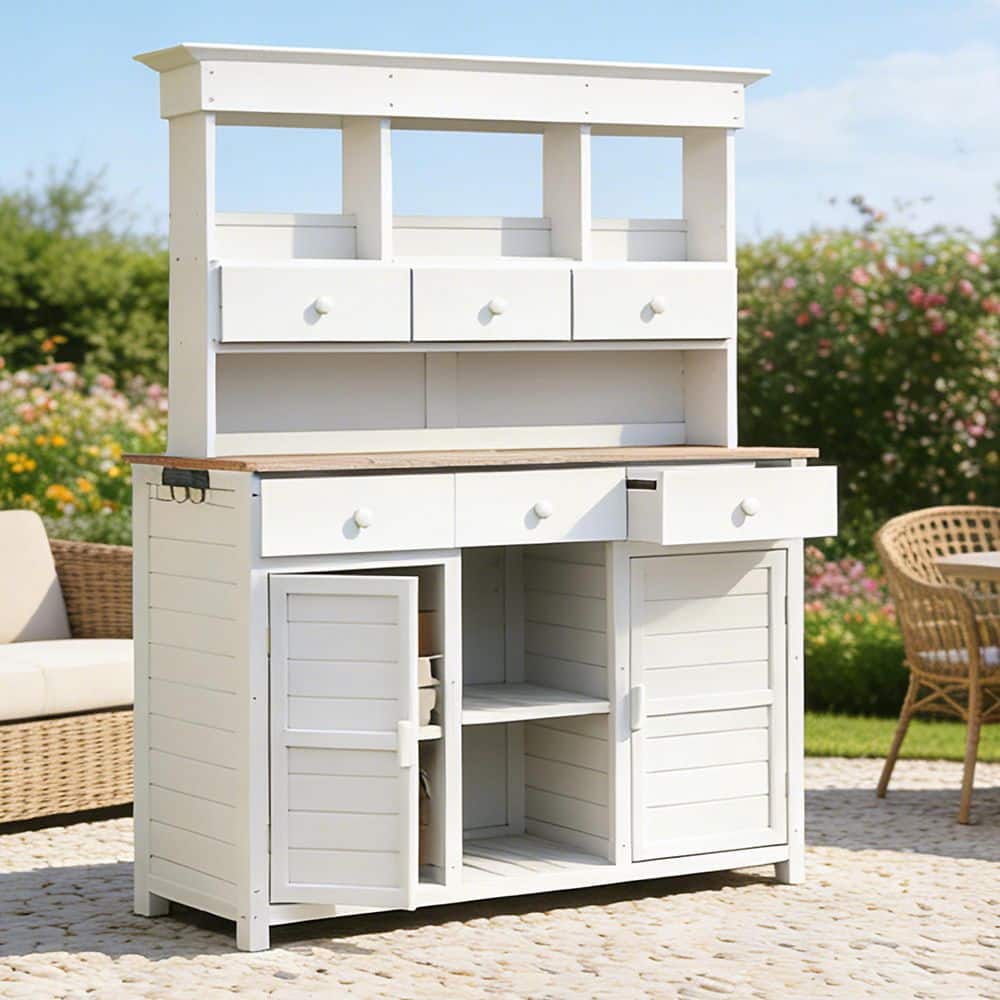 White Solid Fir Wood 3 Shelves Potting Bench Table Patio Storage Workstation with Hutch and Drawer price history on PriceWatchPro