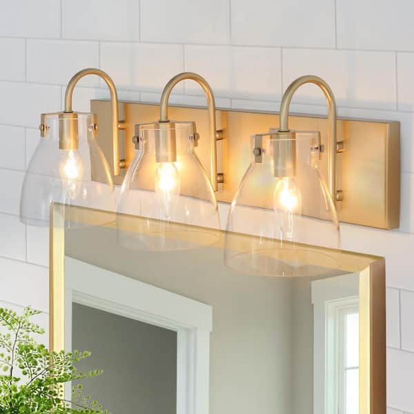 LNC 22 in. 3-Light Gold Bath Vanity Light with Bell Clear Glass Shades Modern Powder Room Wall Light, LED Bulb Compatible