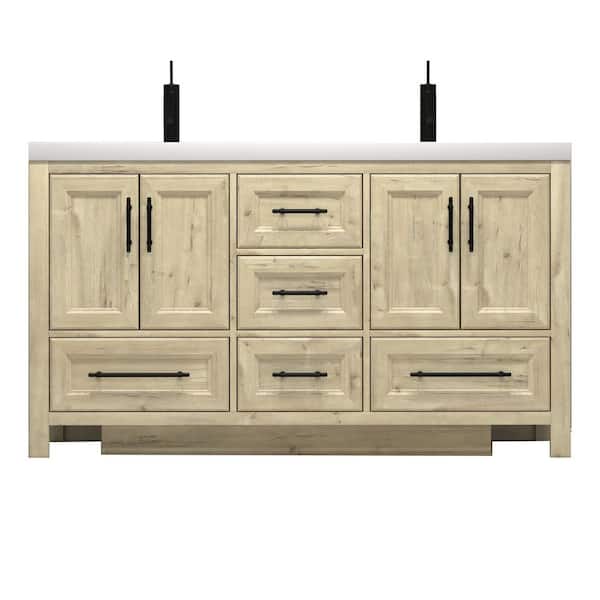 VIV 59 in. W x 20 in. D x 35 in. H Double Sink Freestanding Bath Vanity in Pale French Oak with White Acrylic Top
