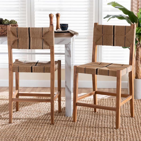 Prita 25 in. Natural Brown Wood Counter Stool with Woven Seat (Set of 2)
