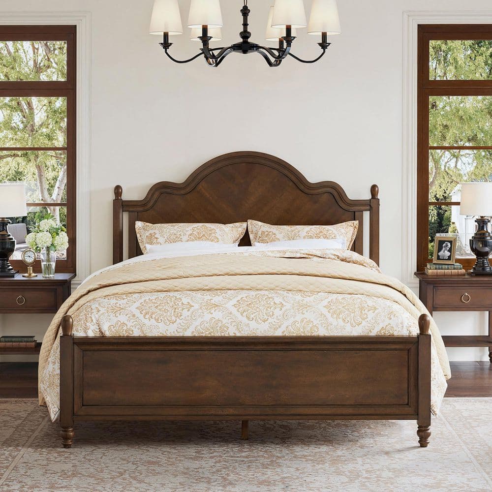 Aubel Dark Walnut Brown Mid-Century Solid Wood Frame Queen Size Platform Bed with Herringbone-Inspired Pattern Headboard