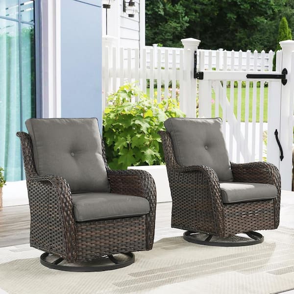 ArcoBay Metal and Brown Wicker Outdoor Rocking Chair Patio Swivel Chairs with Olefin Gray Cushions (2-Pack)