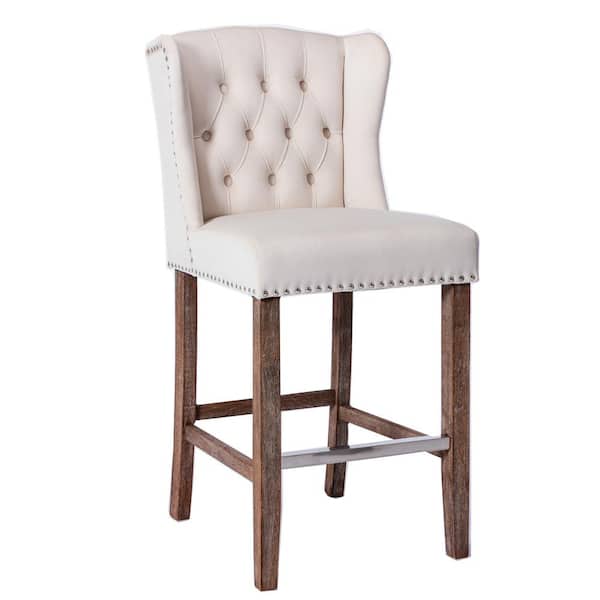 ANBAZAR 27 in. H Upholstered Seat Height Bar tool, Wing back Breakfast Chairs with Nailhead-Trim and Tufted Back, Wood Legs