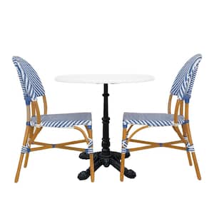 2-Piece Rattan Wood Frame Bistro Chairs without Arms and Bistro Table in White Stonecast Finish