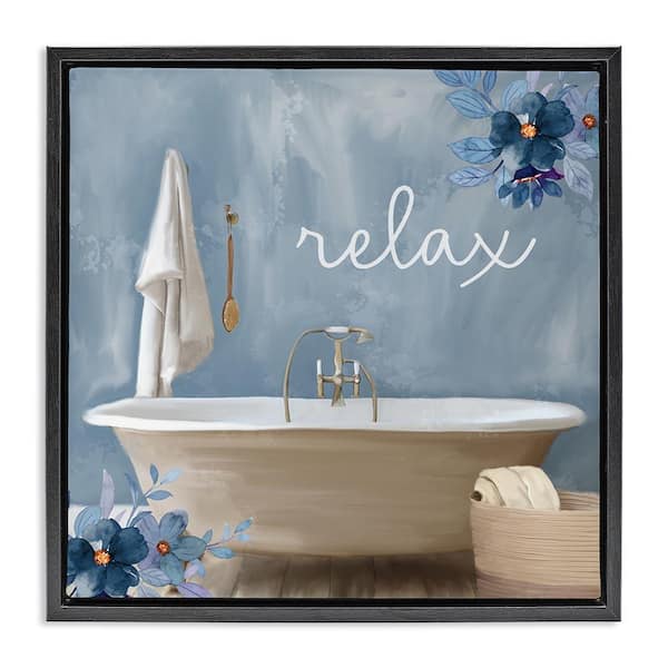 Blue Floral Relax Bathroom Scene by Kim Allen Black Floater Frame Graphic Art Print Typography 18 in. x 18 in.