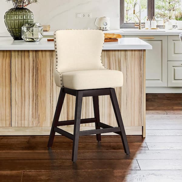 OrangeOne Zola 26 in. off-white Wood Frame Fabric Upholstered Swivel Bar Stool (Set of 1)