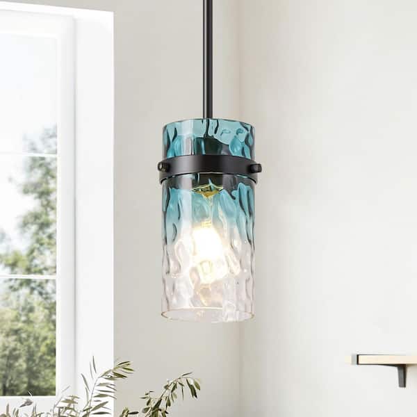 Ori 1-Light Modern Black Cylinder Water Rippled Blue/Clear Glass Pendant Light