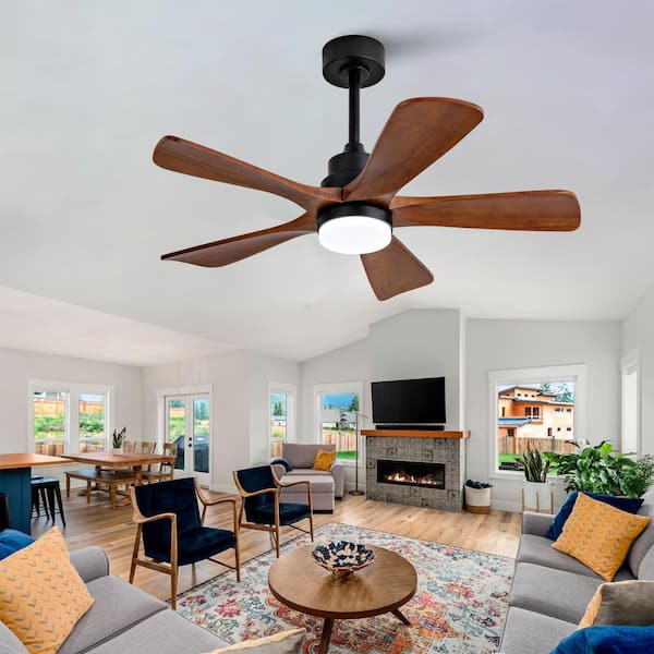 Modern 42 in. Indoor Black 5 Solid Wood Blades Downrod Standard Ceiling Fan with LED Light Remote Control Included