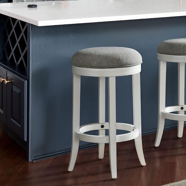 Avery 26 in. White Backless Wood Swivel Counter Stool with Upholstered Gray Seat, 1-Stool