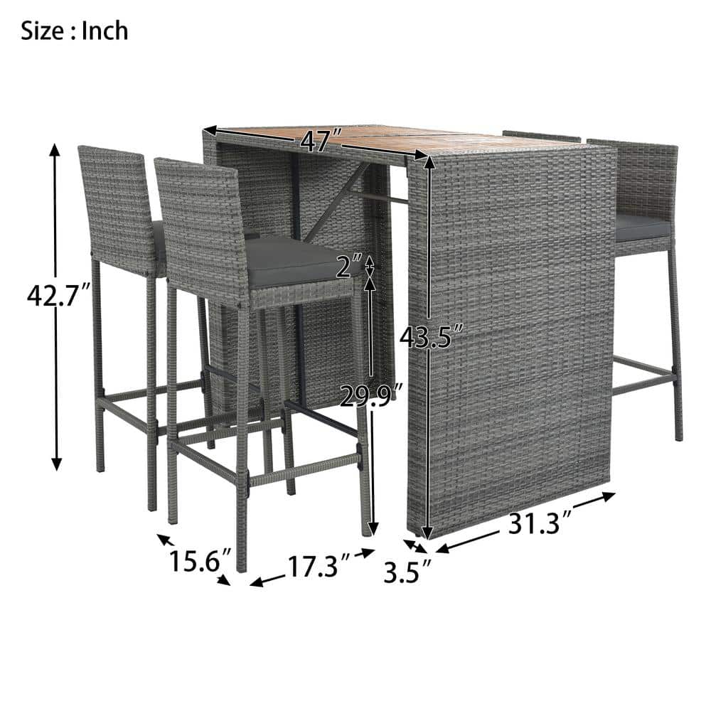 Gray 5-Piece Steel and Wood Bar Height Outdoor Dining Set