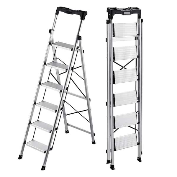 6 Step Ladder, Folding Step Stool with Wide Anti-Slip Pedal and Comfort Handgrip, 330 lbs. Aluminum Stepladder, Silver