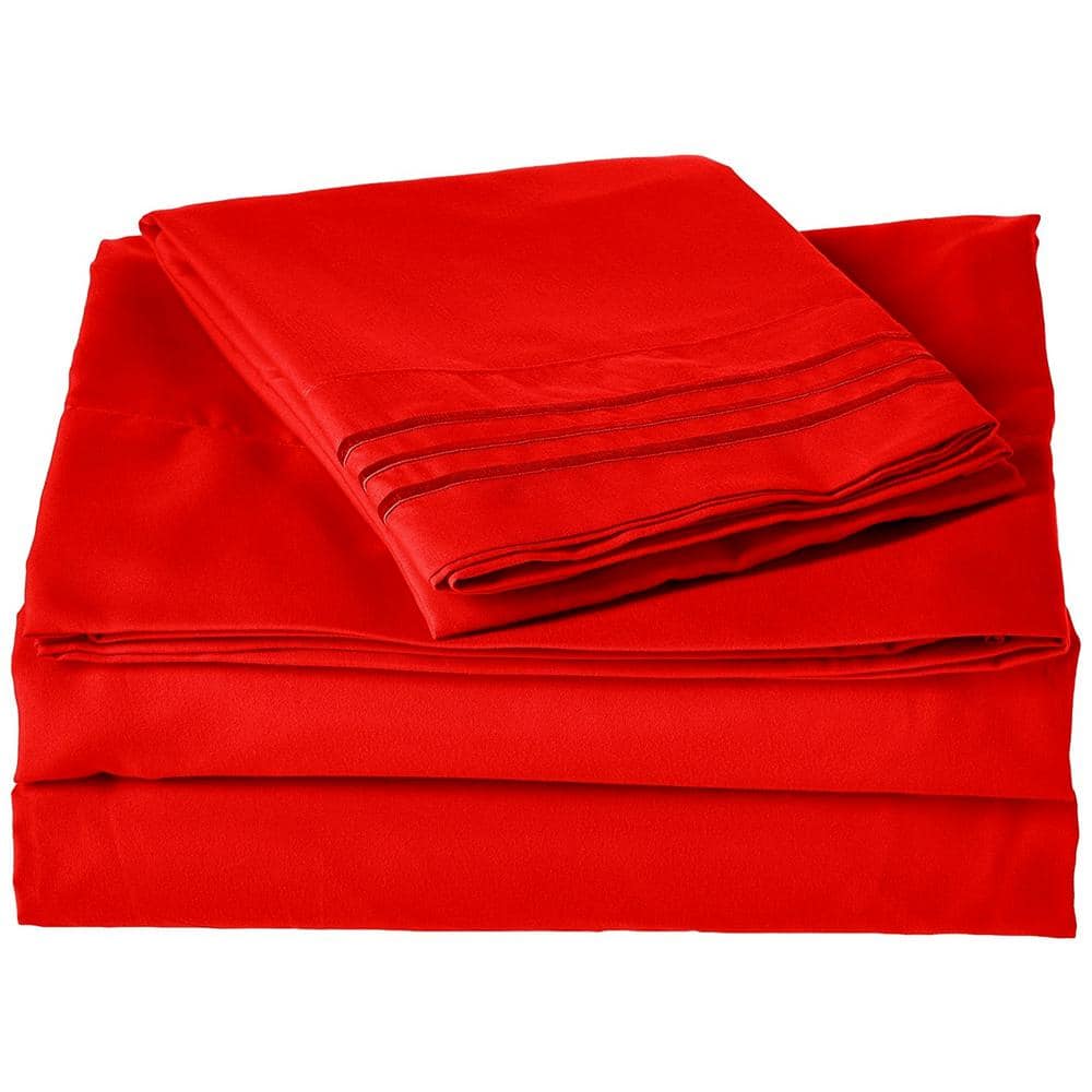 4-Piece Red Solid Microfiber Queen Sheet Set